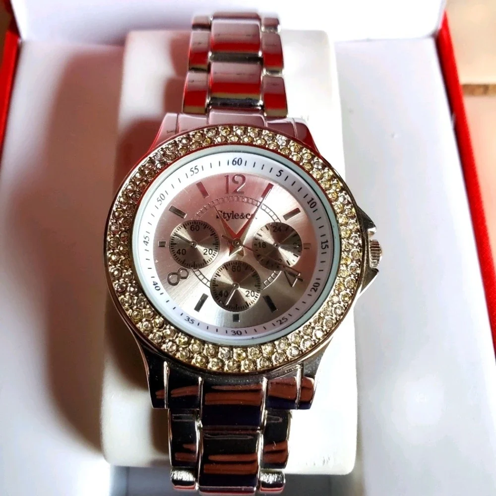 Style & Co Womens Silver Tone Crystal Bezel Watch SC1169 F210 Chrono Look New